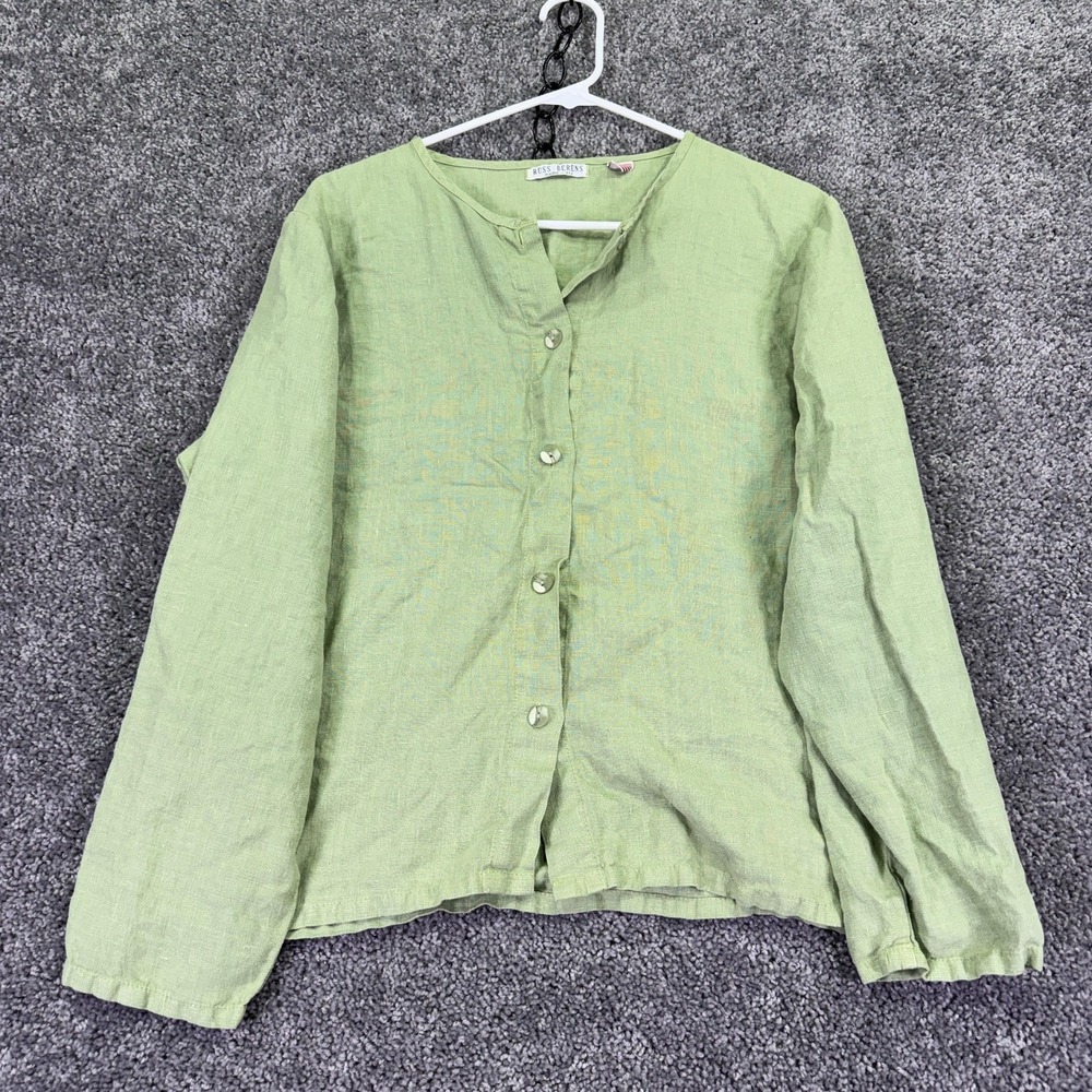 Vtg Russ Berens Blouse Womens Medium Green Linen Long Sleeve Button USA